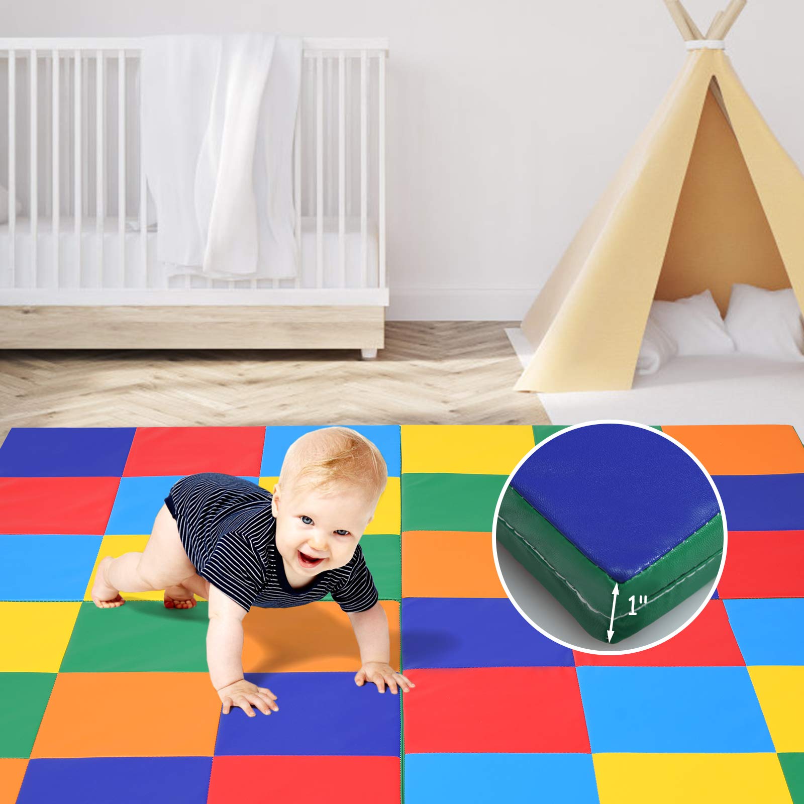 Costzon Toddler Foam Play Mat, Foldable Baby Crawling Mats 58-Inch Square Soft Non Skid Colorful Daycare Floor Mat, Thicken Waterproof Memory Activity Play Mat for Home, School, Kindergarten Nursery