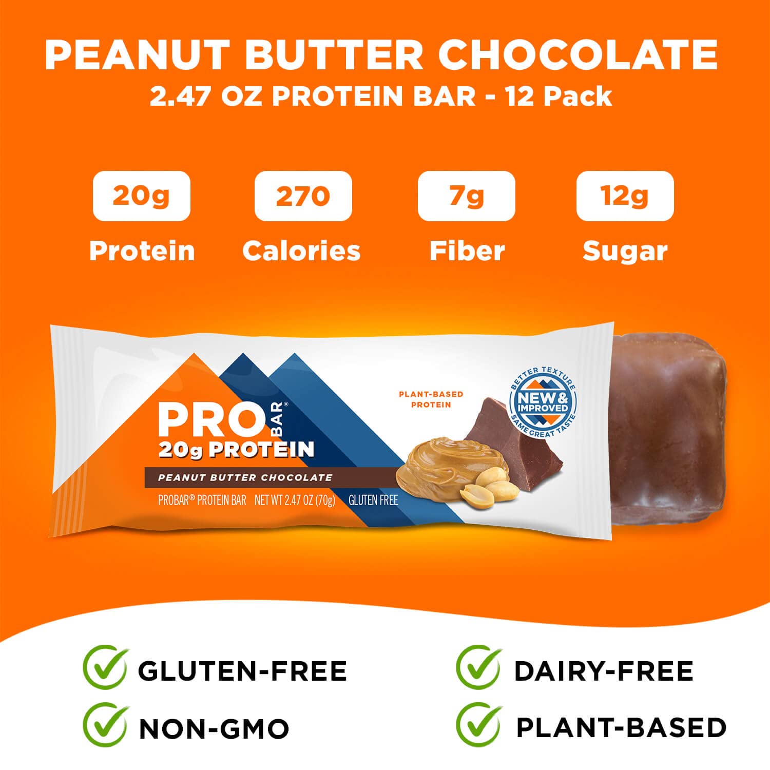 PROBAR - PROTEIN Bar, Peanut Butter Chocolate, Non-GMO, Gluten-Free, Healthy, Plant-Based Whole Food Ingredients, Natural Energy (12 Count)