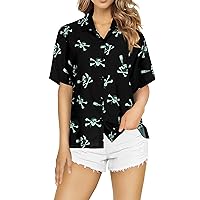 LA LEELA Women's Hawaiian Spooky Blouse Dresses Short Sleeve Vintage Shirt Halloween Pirate Shirts Button Down Summer Tops for Women M Crossbones, Scary Black