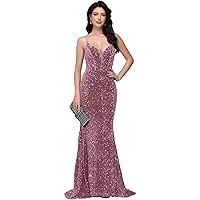 Women's Sequin Sparkly Mermaid Prom Dresses V-Neck Spaghetti Strap Evening Party Dress