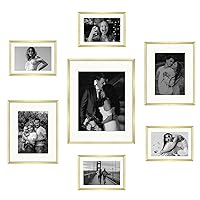 Aluminum Gallery Wall Frame Set with Ivory Color Mat - 7 Pack of Metal Picture Frames with Real Glass - Four 5x7, Two 8x10, One 11x14 - Great for Photos, Artworks, Posters (Gold)