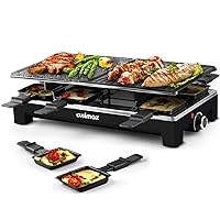 Raclette Table Grill, CUSIMAX Indoor Grill Electric Grill, Portable Korean BBQ Grill with 2 in 1 Reversible Non-stick Plate & Natural Grill Stone, 8 Raclette Pans 8 Wooden Spatulas for Family Fun