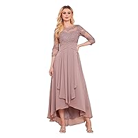 Women's Lace Appliques Tea Length Mother of The Bride Dresses with Sleeves A line Chiffon Formal Evening Gowns