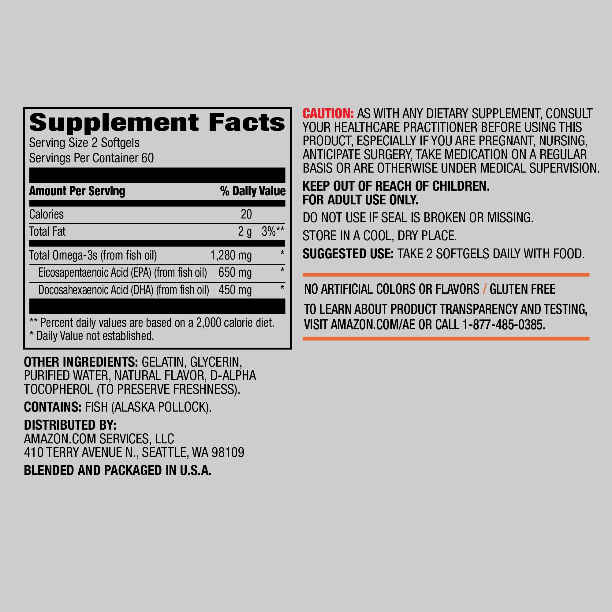 Amazon Elements Super Omega-3 with Natural Lemon Flavor, EPA & DHA Omega-3 fatty acids, 120 Count (1280 mg per serving, 2 Softgels) (Packaging may vary)