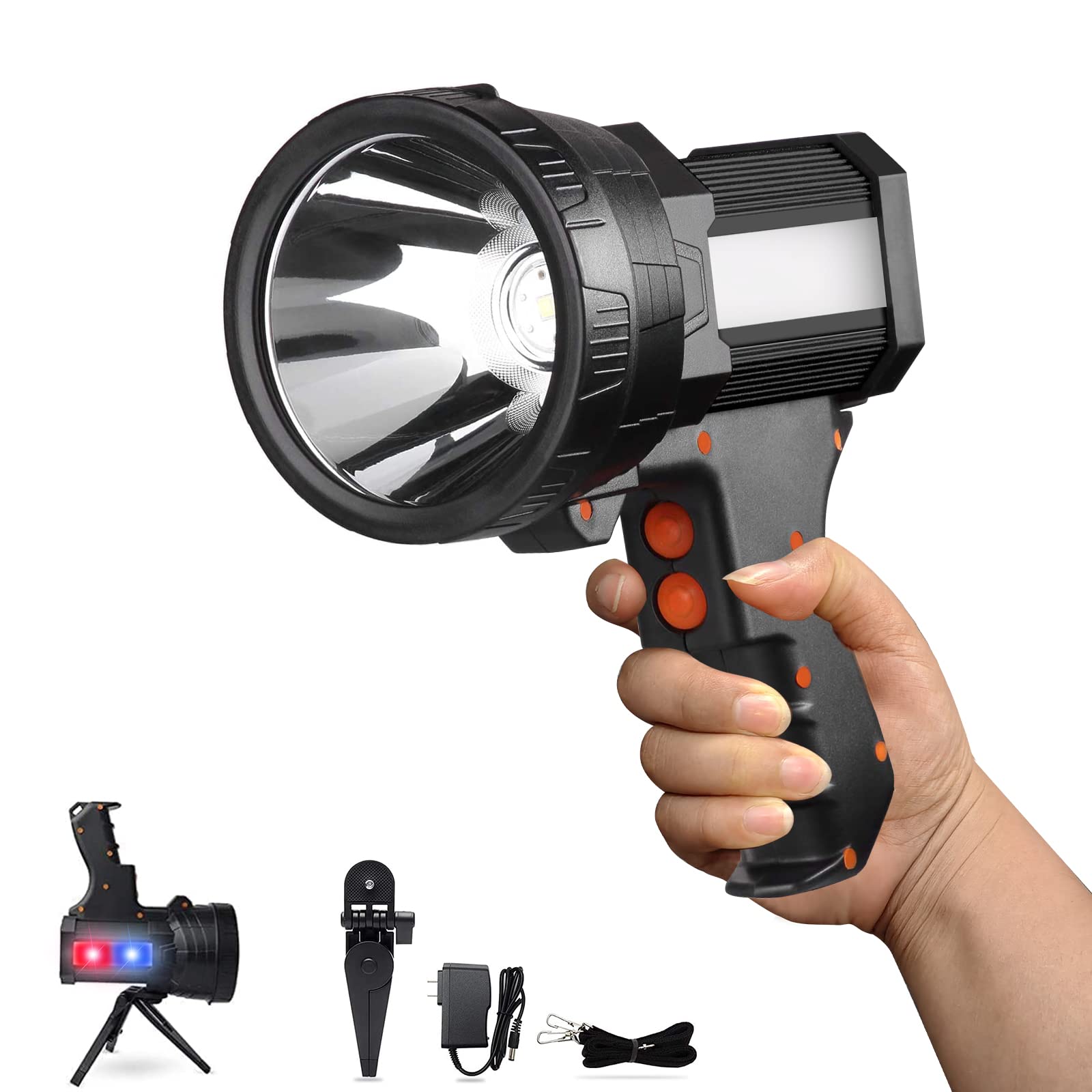Spotlight Flashlight, Super Bright 10000 Lumens Rechargeable Spotlight LED Flashlight 10000mah Long Lasting Large Searchlight Torchlight for Flood Fishing Hiking Camping,with Tripod, Shoulder Strap.