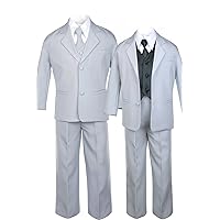 Unotux 7pc Boys Silver Suit with Satin Black Vest Set from Baby to Teen