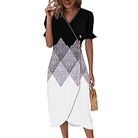 Ladies Summer Dresses, Women's Casual Midi Dress Spring Short Sleeve V Neck A-Line Flowy Boho Striped Smocked Dresses House for Women with Pockets Easter Dress Short Dress (XXL, Dark Purple)