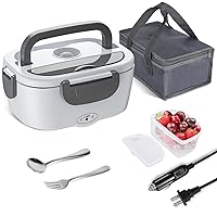 Electric Lunch Box Food Heater - 3 in 1 Portable Leakproof Heated Lunch Box for Car/Home/Adults with 1.5L Removable 304 Stainless Steel Container, 60-80W, 12V/24V/110V (White)