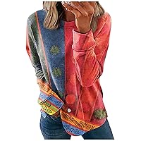 Women's 2023 Round Neck T-Shirts Floral Print Long Sleeve Casual Flannel Fall Blouses Fashion Loose Fit Shirts