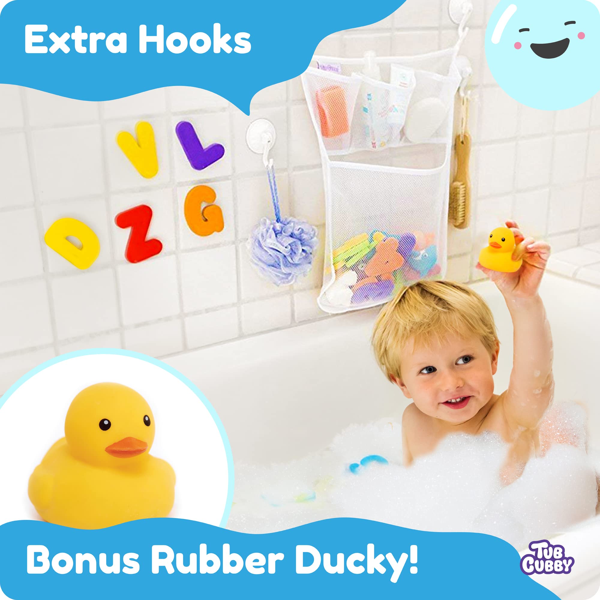 Original Tub Cubby Bath Toy Storage - Hanging Bath Toy Holder, with Suction & Adhesive Hooks, 14