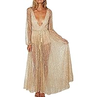 Women Cocktail Dresses Sheer Deep V Neck Long Sleeve Sequined Maxi Party Dress