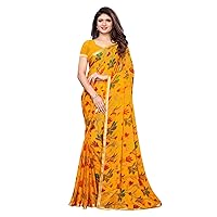 Women's Red Chiffon Printed Saree with Unstitched Blouse