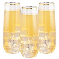 SUT 36PCS Stemless Plastic Champagne Flutes, 9 Oz Gold Rim Clear Plastic Toasting Glasses Shatterproof Cocktail Cups Mimosa Cups Stemless Glass Plastic Glasses Disposable for Wedding Parties & Shower