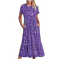 Womens Shiny Print Long Dress Ruffle Short Sleeve A-Line Beach Dresses 2024 Casual Flowy Swing Dress with Pockets