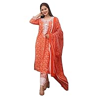 Orange Embroidered Cotton Indian Women Wear Straight Palazzo Salwar Kameez Printed Dupatta Bollywood Design