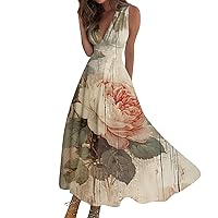 Women Dresses, Sexy Sleeveless V Neck Boho Floral Printed A Line Ruffle Hem Mini Summer Dresses Spring for 2024 Womens Dress Casual with Pockets Dresses Casual Gown Dress (XXL, Khaki)