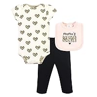 Hudson Baby Unisex Baby Cotton Bodysuit, Pant and Bib Set, Leopard Hearts, 0-3 Months