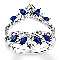 Round Cut Created Blue Sapphire & CZ Engagement Enhancer Wrap Wedding Band Ring Guard For Womens 925 Sterling Silver