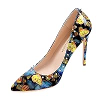 Women's Summer Sexy Blue Multi Color Butterfly Rivets Printed Spike Wide Fit Heels/Closed Toe Stiletto Heels/Classic Birthday 4 Inches Sexy Dress Heels Pumps Size 8