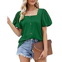 SAMPEEL Women's Summer Shirts Square Neck Casual Tshirts Puff Sleeve Tops for Women Loose Fit
