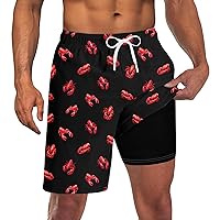 Men Swimming Trunks with Compression Liner Swim Shorts Stretch Lightweight Red Lobster Printed Bathing Suits Big and Tall Surfing Swimwear 4XL