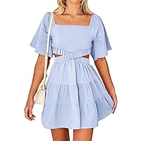 BTFBM Women Summer Dresses 2023 Square Neck Short Sleeve Cutout Crossover Waist Casual Party Tiered A-Line Mini Dress