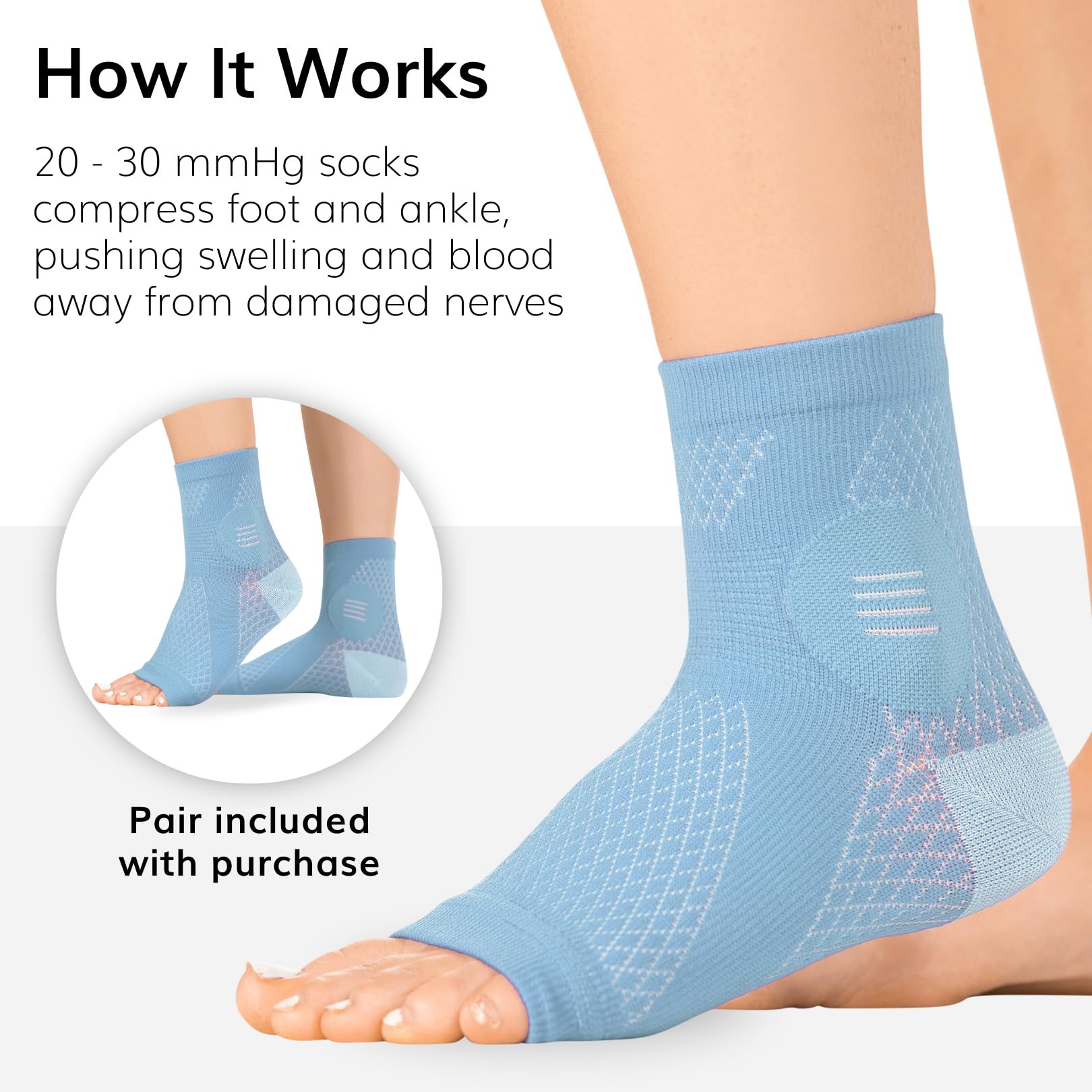 BraceAbility Neuropathy Socks - Peripheral Neuritis Compression Diabetic Toeless Foot Sleeves for Nerve Damage in Feet, Ankle Gout, Plantar Fasciitis Relief for Men and Women (L - Light Blue)