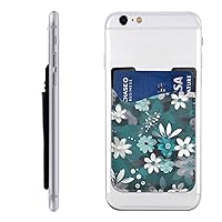 Teal Grey And White Floral Printed Phone Card Holder,Leather Phone Card Holder,Adhesive Stick On Credit Card Pocket For Smartphones, 91701
