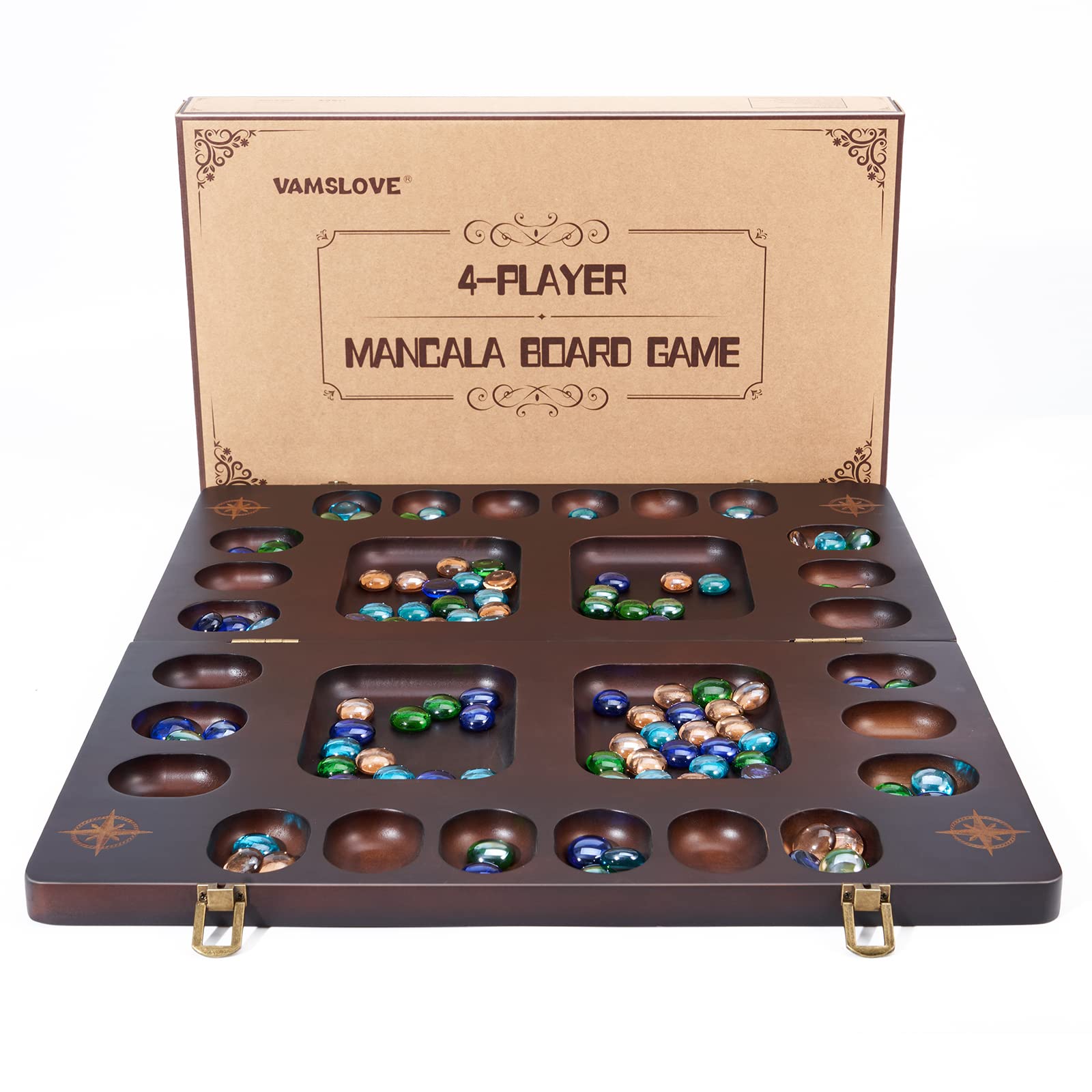 VAMSLOVE Mancala 4 Player Board Game Set, Luxury Solid Wood Folding Mancala Board, 96+12 Bonus Multi Color Glass Stone Beads Game Instructions Included