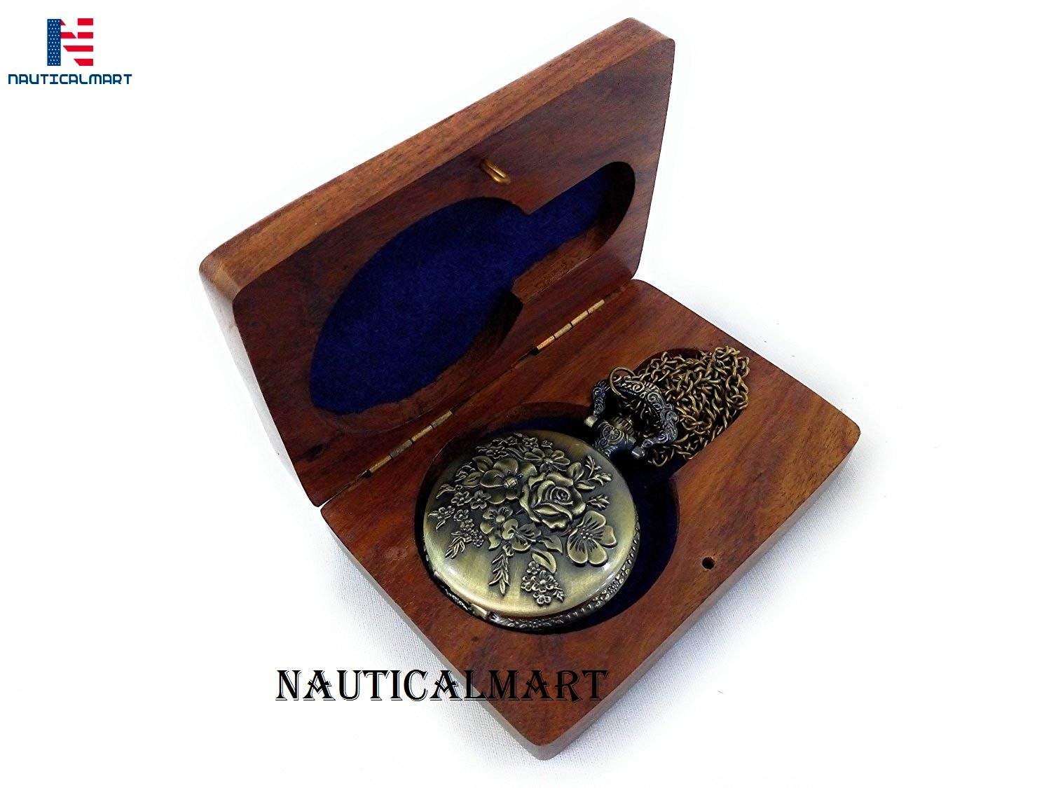 NauticalMart Embossed with Flower, Roman Number Dial Analogue White Dial Pocket Watch with Chain and Wooden Box