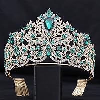 Hair Jewelry Crown Tiaras for Women Baroque European Big Luxury Crystal Bride Wedding Crown Large Rhinestone Drop Queen Tiara Party Show Hair Jewelry Accessory (Color : Gold Green)