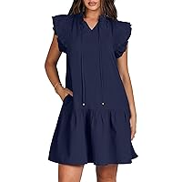 ANRABESS Womens Summer V-Neck Drawstring Ruffle Cap Short Sleeve Casual Shift Mini Dress with Pockets