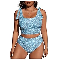 MakeMeChic Women's Plus Size Bikini Swimsuits Ditsy Floral Tie Shoulder High Waisted Bathing Suit