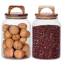 SAIOOL Canister Set of 2, Glass Kitchen Canisters with Airtight Acacia Lid, Tall Clear Airtight Food Storage Jar, Kitchen Pantry Storage Container for Noodles Flour Cereal Coffee