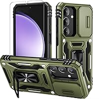 for Samsung Galaxy S24 Case with Slide Camera Cover and Screen Protector, Military Grade Protection [Rotated Ring Kickstand] Heavy Duty Shockproof Protective Case-Olive Green