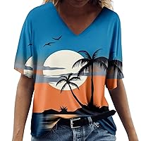Hawaiian Shirts for Women Summer Fashion Casual Printed V Neck Short Sleeve Top Blouse