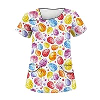 Easter Bunny Egg Printed Tshirt Ladies Tops Short Sleeve Blouse Slant Collar with Double Pockets 2024 Workwear Tee
