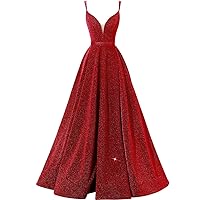 Women's V-Neck Prom Dresses Long Sparkly Ball Gown Side Split Glittery Spaghetti Formal Evening Gowns with Pockets