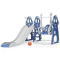 4 in 1 Toddler Swing and Slide Set for Age 1-6 Indoor Playground for Children Baby Swing Set with Slide, Climber, Basketball Hoop and Long Slide for Boys and Girls Blue
