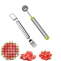 2-in-1 Watermelon Fork Slicer,Portable Stainless steel Watermelon Slicer with Melon Baller Scoop Extra,Dual Head Stainless Steel Fruit Forks Slicer Knife for Family Parties Camping(2PCS)