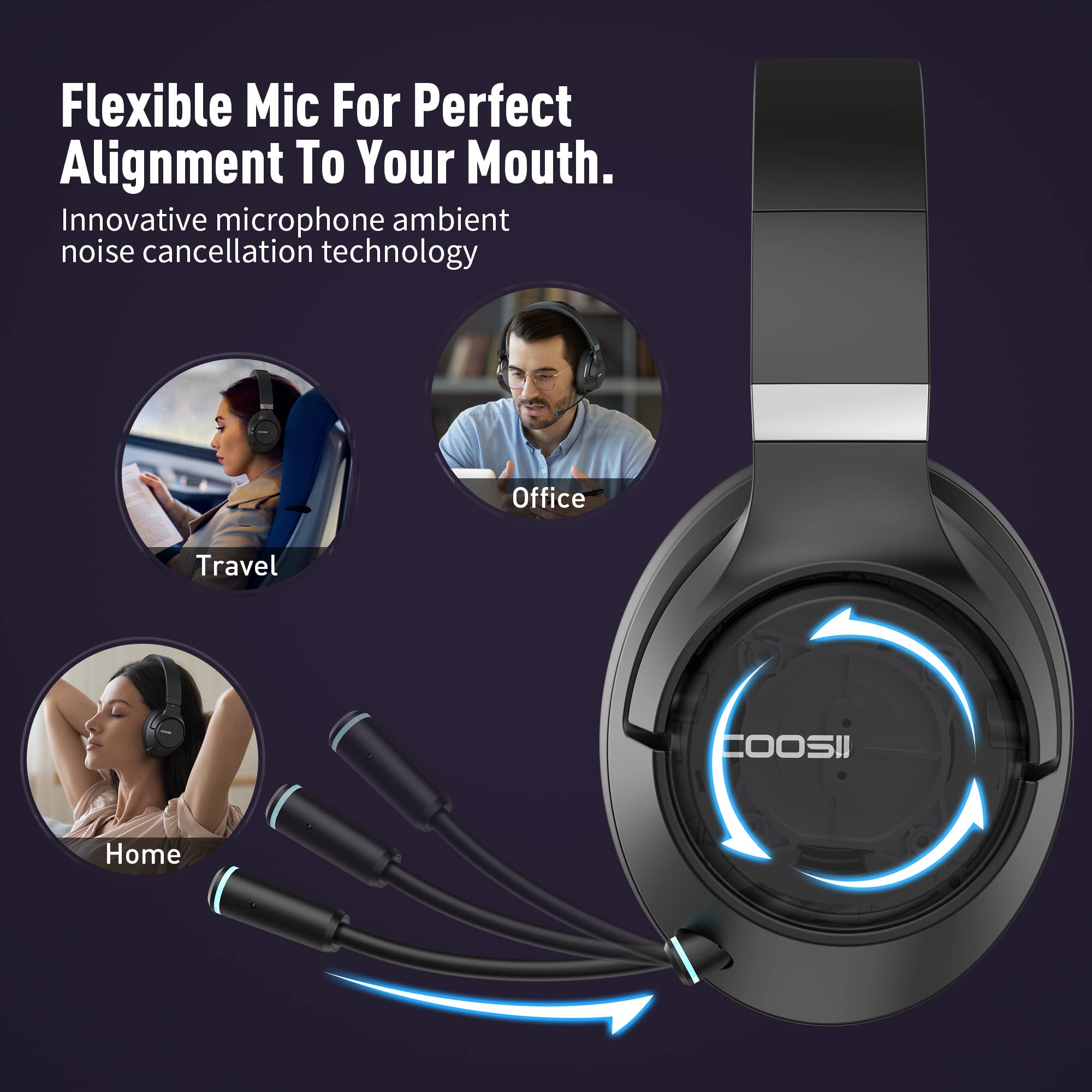 COOSII Wireless Headsets with Microphone for Gaming Study Meetings Conference, Bluetooth Headphone Foldable Over Ear Soft 40H with Retractable Mic, USB Dongle for PS5 PS4 PC Computer Cellphone Laptop