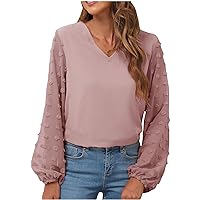 Women's Swiss Dot Long Sleeve Tops V Neck Casual Chiffon Shirts Dressy Fashion Solid Loose Fit Comfy Blouses