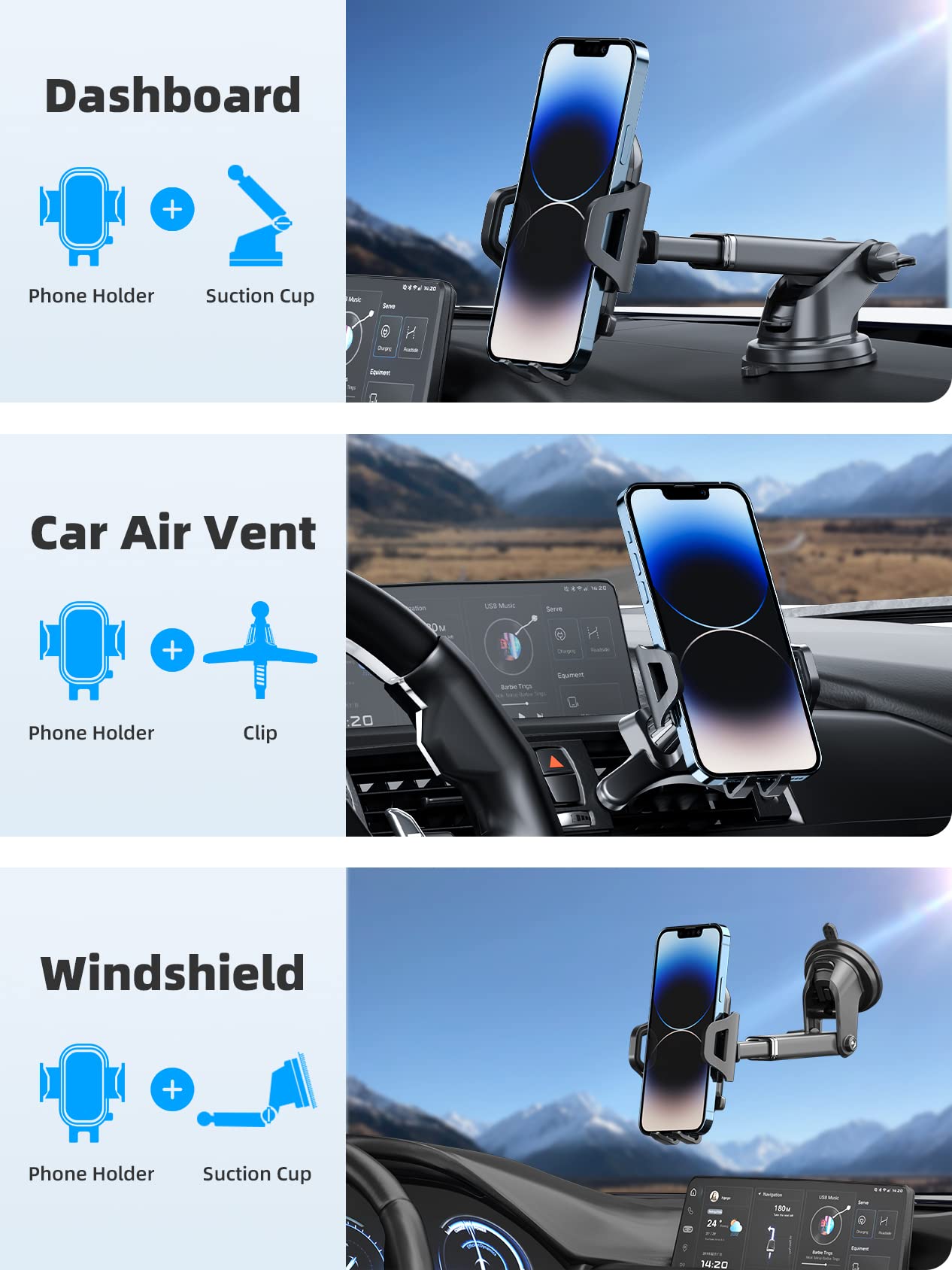 Phone Mount for Car [ Off-Road Level & Stable Hook ] Car Phone Holder Mount Windshield Dashboard Air Vent Universal Hands-Free Automobile Mounts Cell Phone Holder Fit for iPhone Smartphones
