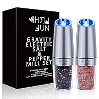 Gravity Salt and Pepper Grinder Set with Adjustable Coarseness Automatic Pepper and Salt Mill Set Battery Powered with Blue LED Light,One Hand Operated,Brushed Stainless Steel by CHEW FUN