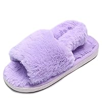 Girl's Fuzzy Fluffy Furry Slippers Cross Band Shoes Slides for Girls Fur Flip Flop Open Toe Slippers