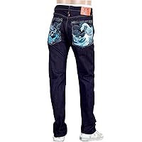 Martin Ksohoh Mens Blue Dragon and Tsunami Wave embroidered denim jeans REDM4456
