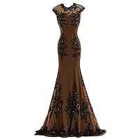 Gorgeous Illusion-Neck Mermaid Applique Chiffon Evening Prom Dresses US Size 2- Brown