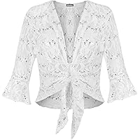 WearAll Women's Plus Size Sequin Lace Tie Up Ladies 3/4 Bell Sleeve Crochet Party Top - White - US 8-10 (UK 12-14)