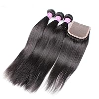 8A Grade Brazilian Virgin Hair Straight Human Hair Weave 3 Bundles 14 16 18 Inches with 1 Piece 12 Inches Free Part Lace Closure Natural Color Pack of 4