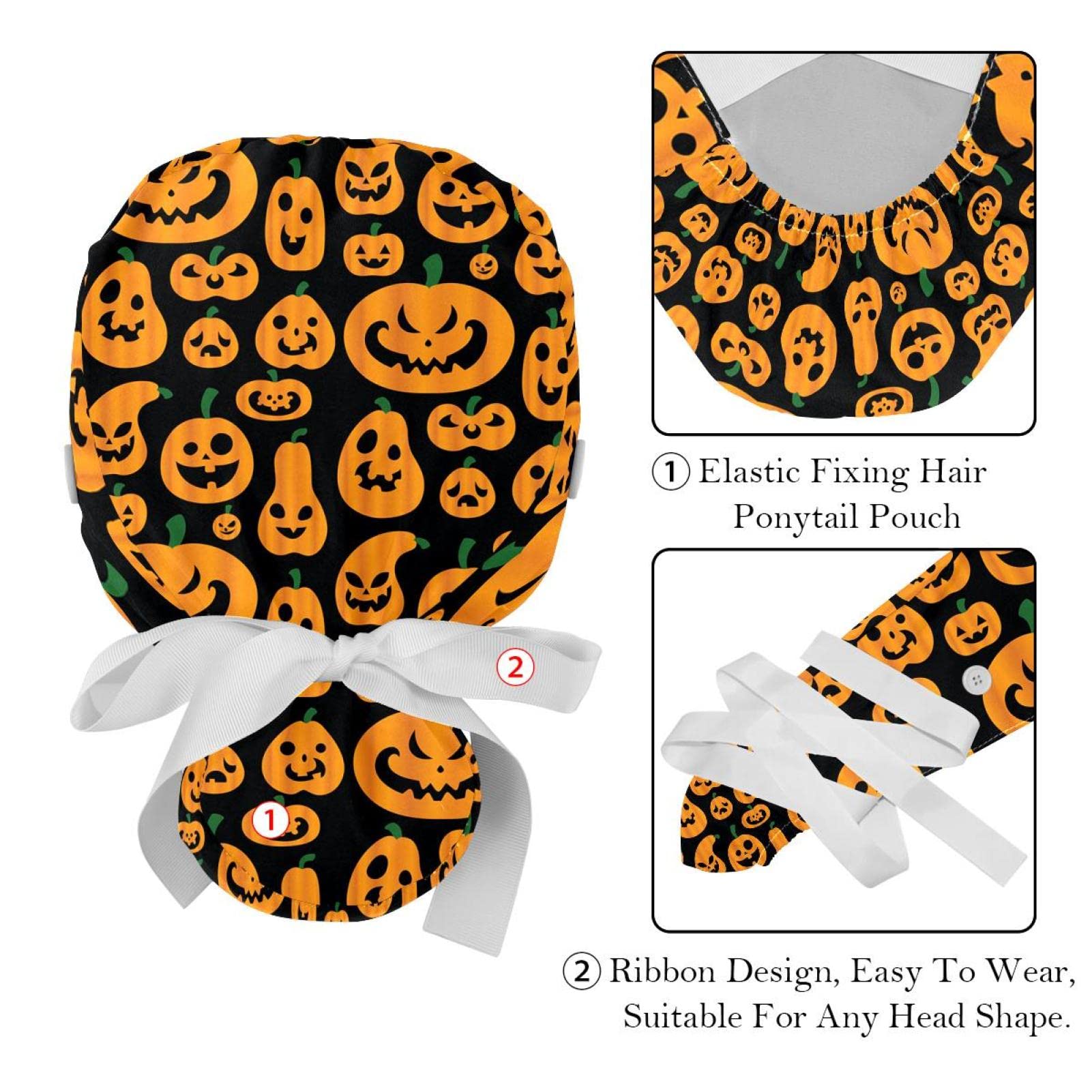 Scrub Cap Women, 2 Packs Halloween Ghost Pattern Bouffant Hat with Ponytail Pouch, Cotton Working Hat Sweatband